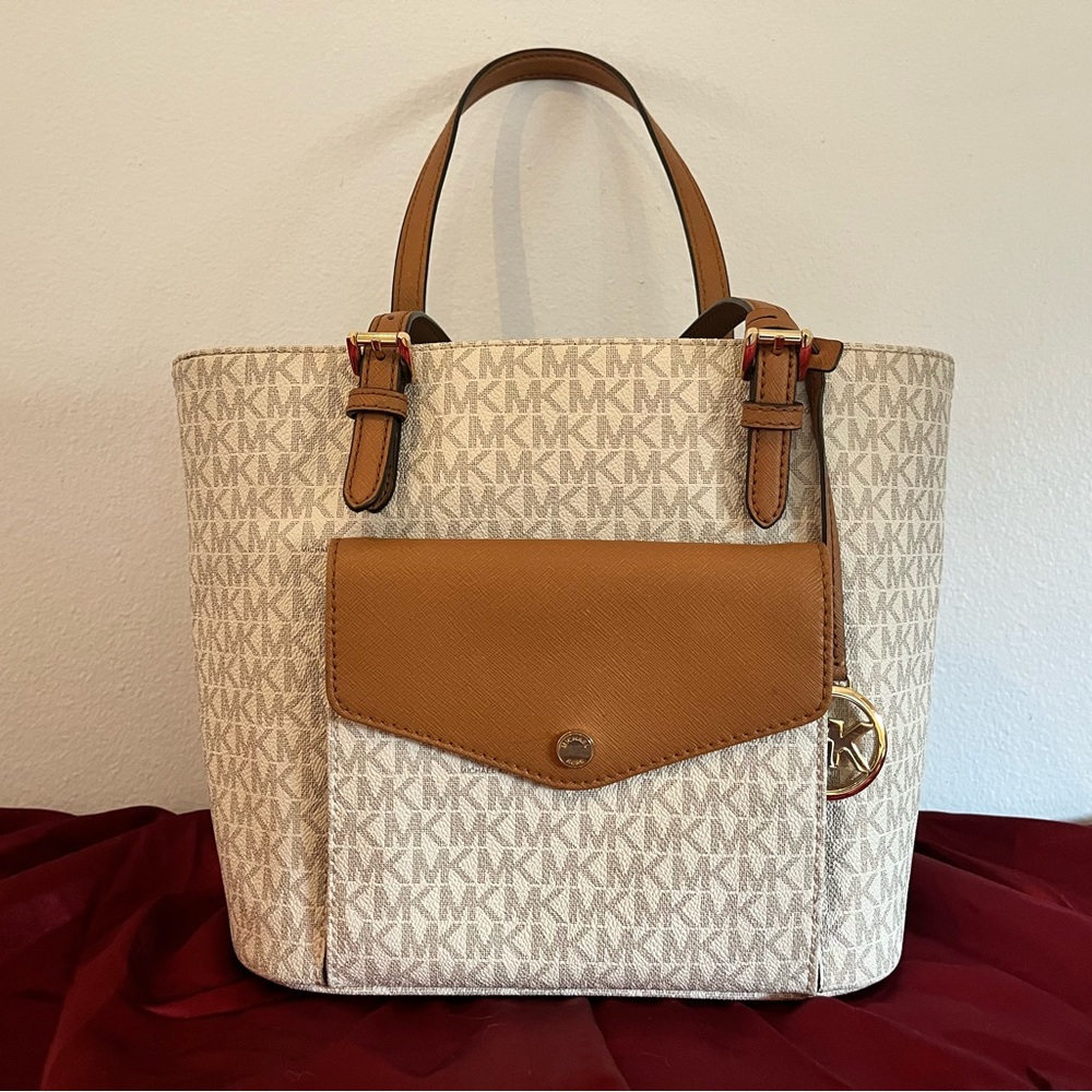 Michael Kors Tan and Cream Monogram Tote Jet Set Medium Logo Pocket Tote Bag